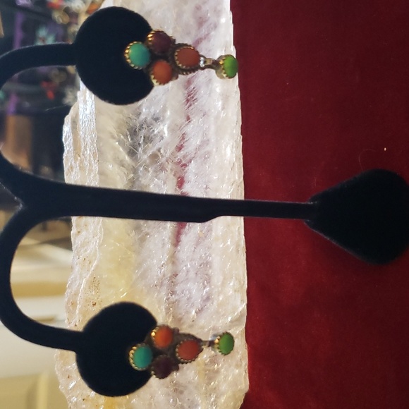 Vintage Handcrafted Signed Navaho Silver Multi Stone Post Earrings - Picture 4 of 12